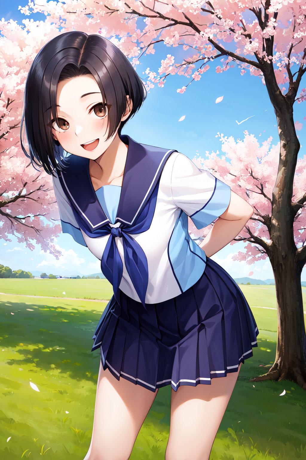 masterpiece, best quality, highres, aarinko, short hair, black hair, bob cut, serafuku, sailor collar, blue neckerchief, white shirt, short sleeves, pleated skirt, blue skirt, <lora:kobayakawa_rinko_v1:0.7>, smile, leaning forward, bent over, outdoors, cherry blossoms, open mouth, standing, cowboy shot, arms behind back,