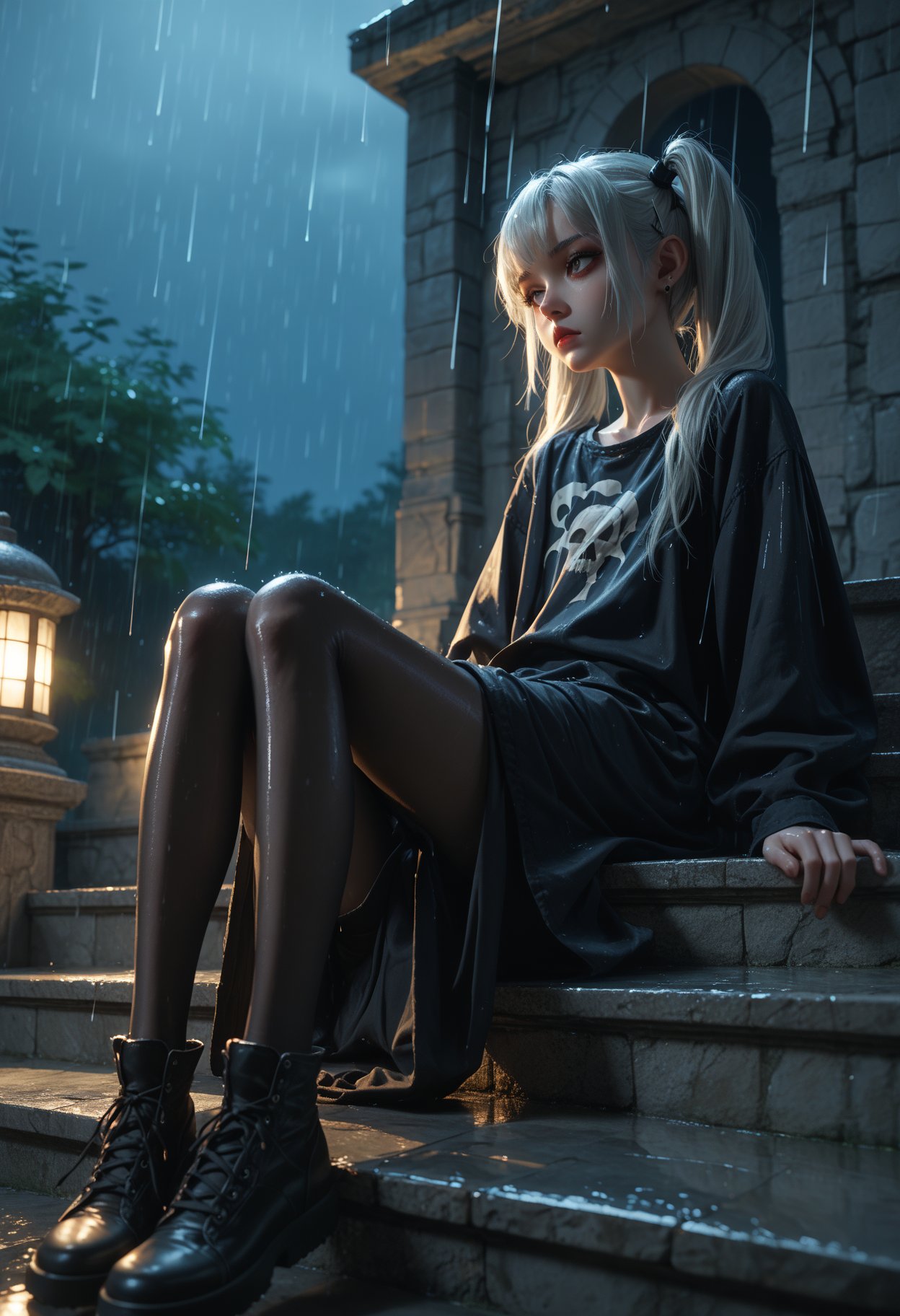 1girl,solo,petite,black pantyhose,loose clothes,goth,platinum blonde hair,twintails,Shiny skin,stone steps,night,rain,leaning back,dynamic lighting,modern,vogue,sitting,, score_9,score_8_up,score_7_up,masterpiece,best quality,8k,