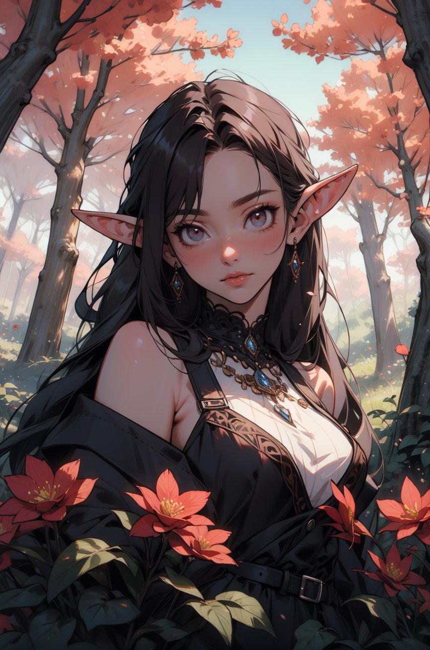 masterpiece, trending on artstation, 8k wallpaper, 8k, intricate details, absurdes, highest quality, cosmic Elven queen surrounded by cherry trees, extreme beauty, beautiful, leaves and flowers surrounding, forest, garden, dynamic shot, dynamic angle, natural pose,