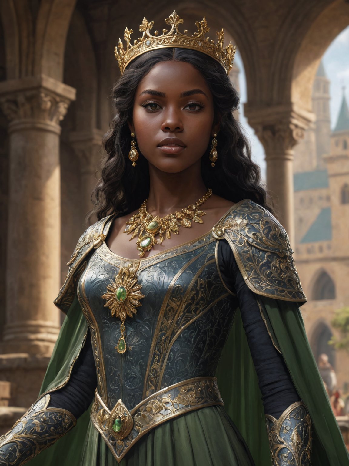 modelshoot style, (extremely detailed CG unity 8k wallpaper), full shot body photo of the most beautiful artwork in the world, medieval queen, green vale, dark skin, black woman, dark skin, golden crown, diamonds, medieval architecture, professional majestic oil painting by Ed Blinkey, Atey Ghailan, Studio Ghibli, by Jeremy Mann, Greg Manchess, Antonio Moro, trending on ArtStation, trending on CGSociety, Intricate, High Detail, Sharp focus, dramatic, photorealistic painting art by midjourney and greg rutkowski