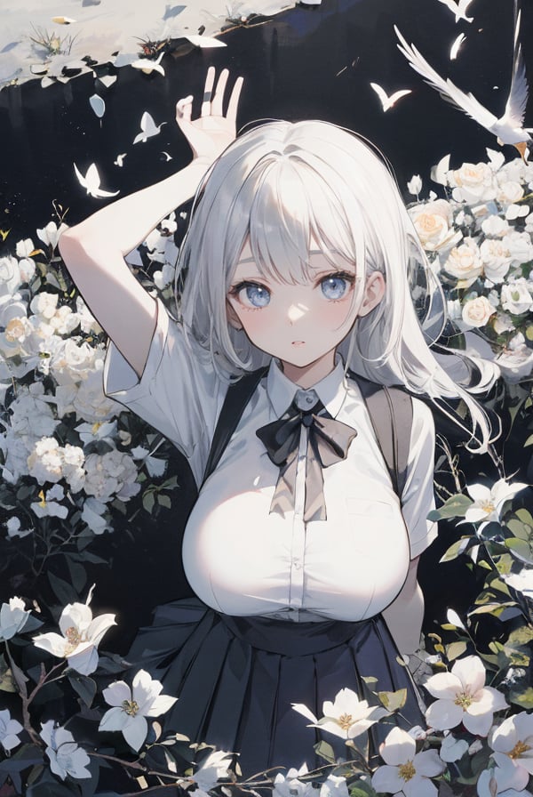 best quality,masterpiece,ultra high res,looking at viewer,simple background,huge breasts,1girl,fujifilm,fuji 800z,Fujifilm X-T3,35mm f/6.3 lens,1girl,(Perfect female body:1.2),school_uniform,white flowers ,1girl,from above,bird's-eye_view,vintage filter,among flowers, backlight,limited_palette,white,field s of flowers