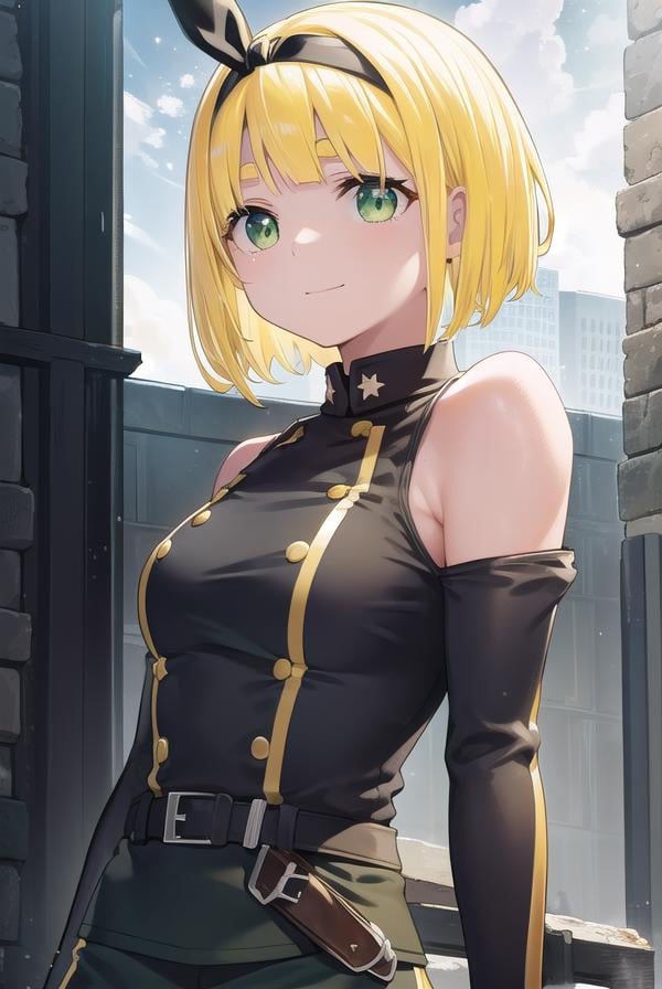 shushusuruga, <lora:shushu suruga manga-lora-nochekaiser:1>,shushu suruga, short hair, bangs, hair ribbon, hairband, blunt bangs, thick eyebrows, (green eyes:1.5), (yellow hair:1.5), smile,BREAK gloves, shorts, elbow gloves, belt, buttons, military uniform, military, (bare shoulders:1.5), (black military uniform:1.7),BREAK outdoors, space, starry sky, star \(sky\), moon,BREAK looking at viewer, (cowboy shot:1.5),BREAK <lyco:GoodHands-beta2:1>, (masterpiece:1.2), best quality, high resolution, unity 8k wallpaper, (illustration:0.8), (beautiful detailed eyes:1.6), extremely detailed face, perfect lighting, extremely detailed CG, (perfect hands, perfect anatomy),