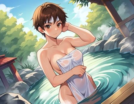 score_9, score_8_up, score_7_up, source_anime,sakurakasugano, <lora:sakura-kasugano-ponyxl-lora-nochekaiser:1>,sakura kasugano, brown eyes, brown hair, short hair,nude, naked, outdoors, onsen, towel, naked towel, steam, bathing, nude cover, partially submerged, water, bath, steam censor, wet towel,looking at viewer, dutch angle, cowboy shot,