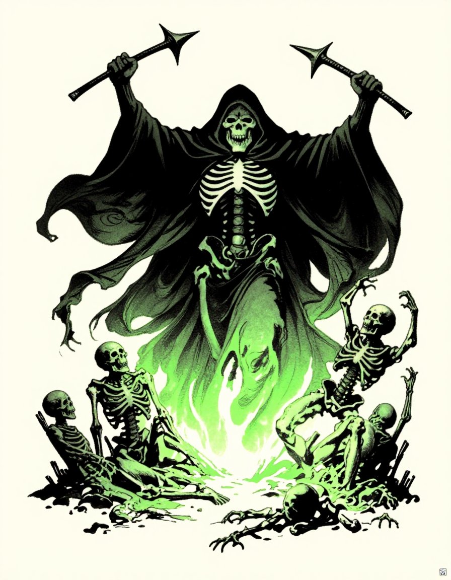 z_frazetta_ink,  necromancer raising the dead,  skeletons rising from the ground by inknoir on Tensor.Art