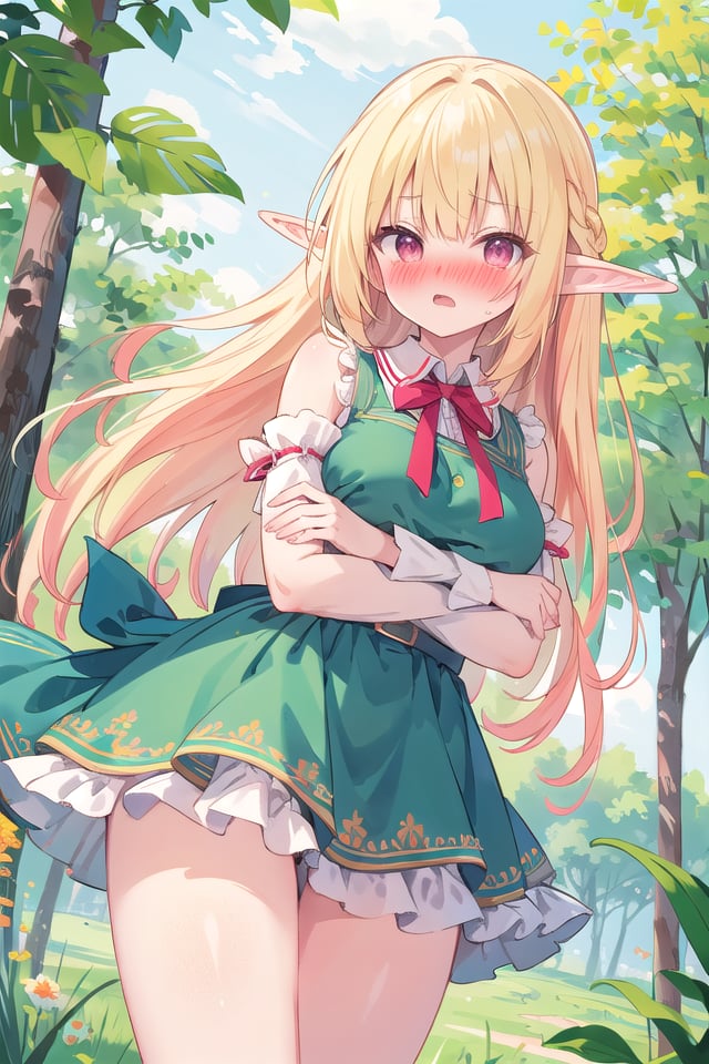 <lora:yudedako_v200:1>insanely detailed, absurdres, ultra-highres, ultra-detailed, best quality,1girl, solo, nice hands, perfect handsBREAKgreen dress, houndstooth pattern dress,embarrased, shame, open mouth,standing,crossed arms,from front, cowboy shot, looking at viewerBREAKslender, kawaii, perfect symmetrical face, ultra cute girl, ultra cute face, ultra detailed eyes, ultra detailed hair, ultra cute, ultra beautiful,BREAKin forestBREAKelf girl, blonde hair, elf ear, pink eyes, large breasts, (cleavage:-1)