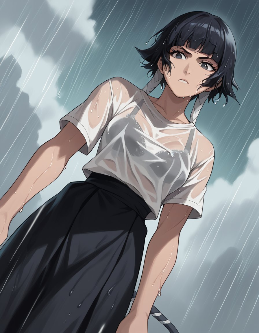 score_9, score_8_up, score_7_up, source_anime, <lora:soifon-anime-ponyxl-lora-nochekaiser:1>, soifon, short hair, bangs, black hair, short hair with long locks, black eyes,, <lora:bra-visible-through-clothes-ponyxl-lora-nochekaiser:1>, bra visible through clothes, wet shirt, wet clothes, see-through, see-through shirt, bra, bralines, wet, white shirt, bra peek, wet skirt,, outdoors, rain, cloudy, , cowboy shot, dutch angle