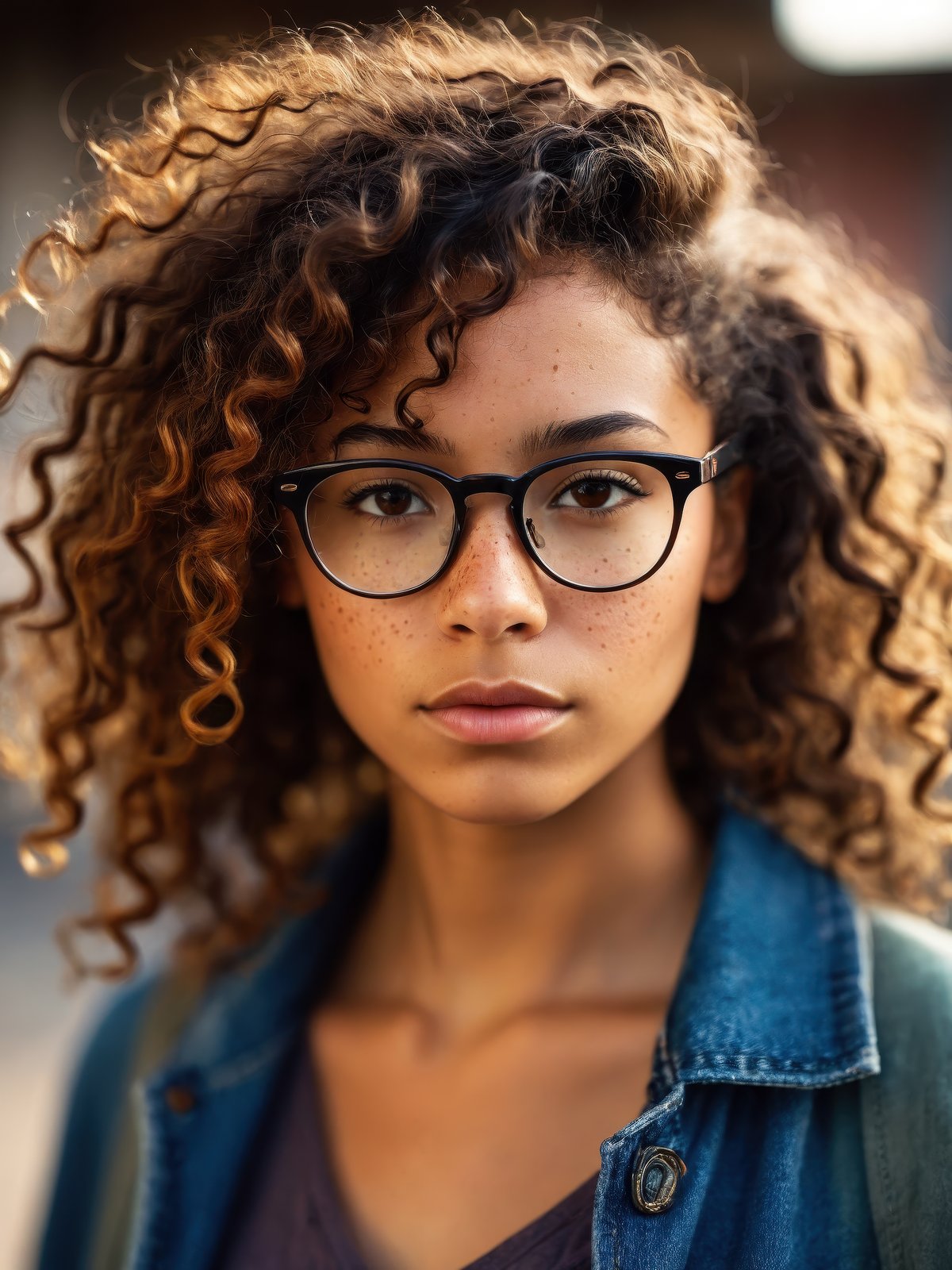 photo RAW,Short light skinned black female, long curly with no frizz brown hair, glasses, freckles, brown eyes, no imperfections, exceptional shallow depth-of-field capabilities, atmospheric blur,vivid colors,, high quality textures of materials, volumetric textures, coating textures, metal textures, dusty atmospheric haze