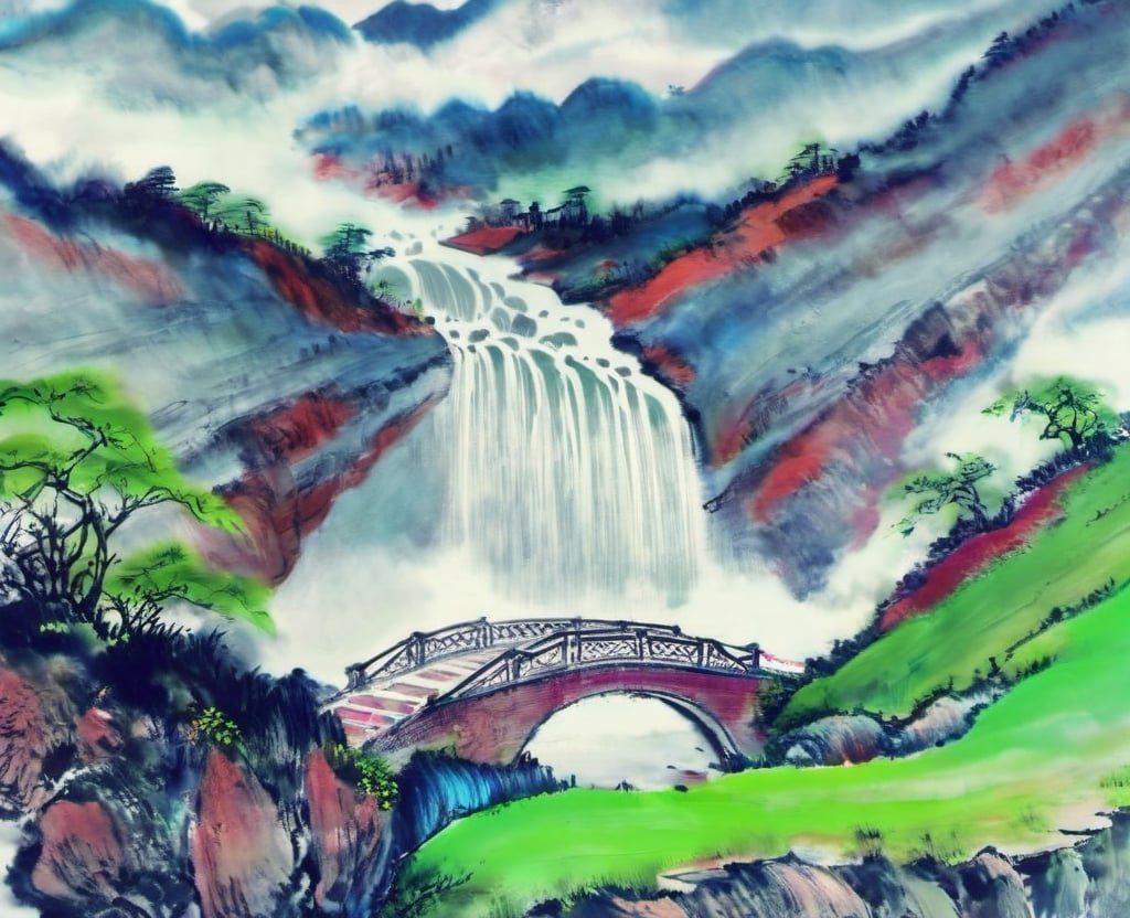 shanshui, no humans, scenery, tree, outdoors, bridge, water, traditional media, waterfall, sky, day, cloud, grass, plant, <lora:山水风景_国画XL:1>, masterpiece, best quality,