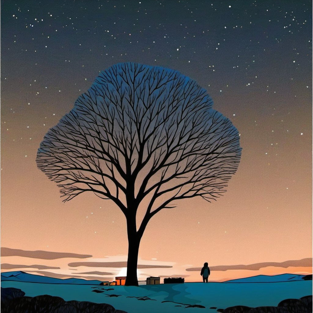 chahua, no humans, sky, star \(sky\), outdoors, tree, scenery, night, gradient sky, sun, starry sky, blue sky, <lora:扁平风格_插画XL:1>, masterpiece, best quality,