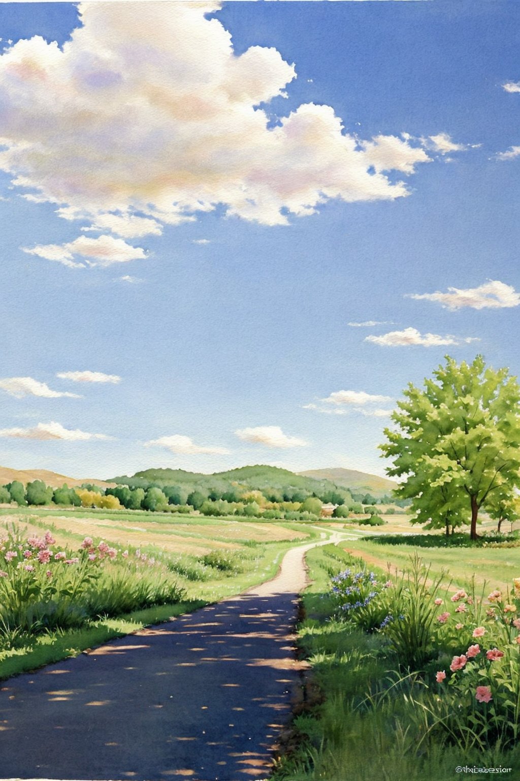 oasis,outdoors, painting, day, watercolor,sunny day, road, white clouds, distant view,<lora:mmk_watercolor:1>