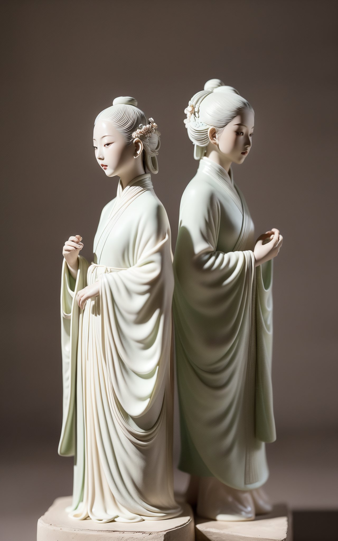 (masterpiece, top quality, best quality, official art, beautiful and aesthetic:1.2),cover art,illustration minimalism,background of stoneware and stone,dark background,zen,silence,fallen leaves,bleak,poignant,sculpture of girls in ancient chinese hanfu,chinese dragon sculpture,(sculpture:1.2),