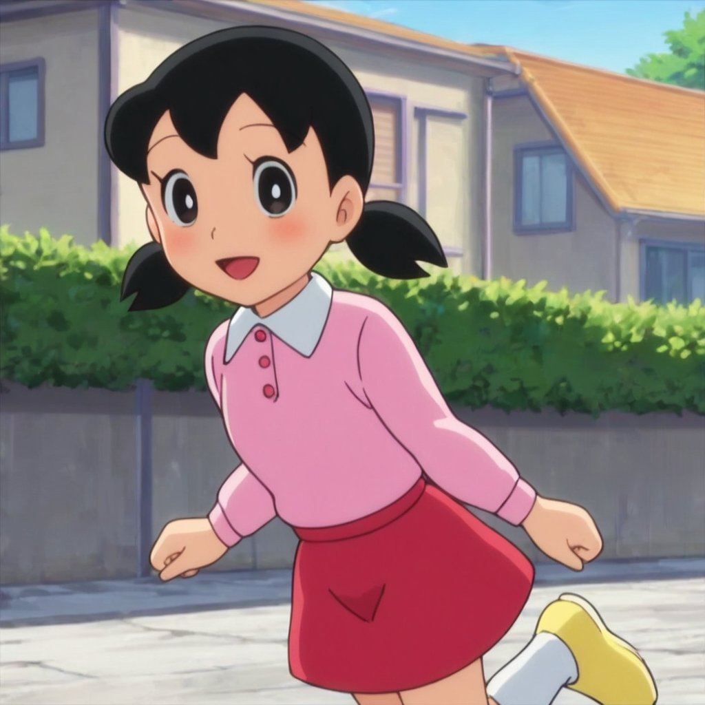 score_9, score_8_up, score_7_up, score_6_up, score_5_up, score_4_up, source_anime,minamoto shizuka,1girl, solo, skirt, outdoors, black hair, socks, white socks, twintails, red skirt, shoes, smile, shirt, open mouth, black eyes, pink shirt, looking at viewer, short twintails, kneehighs, collared shirt, long sleeves, :d, day, bright pupils, white pupils, house, low twintails, short hair, running, yellow footwear, blush, child,masterpiece, perfect face, best quality, beautiful girl, cute girl, beautiful eyes, shiny eyes, anime coloring, anime screencap, absurdres, outdoors,<lora:minamoto shizuka pony 906 1:0.8>