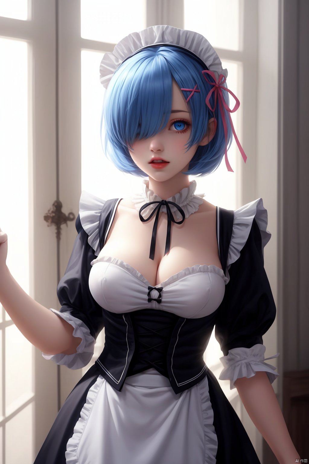 1girl, solo, breasts, looking at viewer, short hair, bangs, blue eyes, large breasts, hair ornament, dress, ribbon, cleavage, medium breasts, closed mouth, blue hair, hair ribbon, upper body, frills, detached sleeves, indoors, hair over one eye, lips, maid, maid headdress, black ribbon, detached collar, sunlight, x hair ornament, roswaal mansion maid uniform, rem \(re:zero\)<lora:EMS-250762-EMS:0.700000>