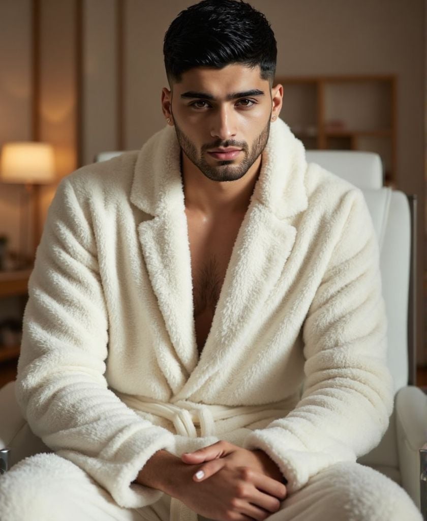 Zayn Malik ,  high-resolutiuon photograph,  wearing fitted fluffy white bathrobe. He is sitting on a chair in the spa area...