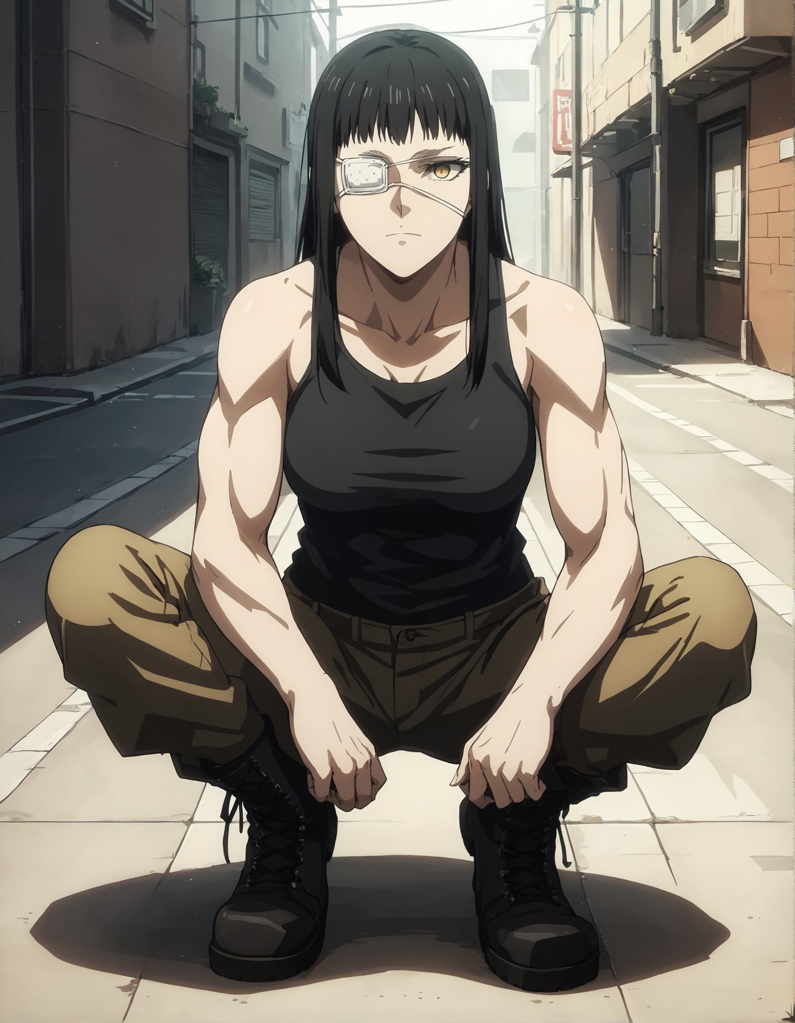 score_9, score_8_up, score_7_up,score_6_up,high resolution,source_anime,s0fiavalm3t,1girl,eyepatch,black hair,long hair,tank top,pants,boots,in street,volumetric lighting,rim lighting,dof,dramatic shadow,upper body,dynamic pose,looking at viewer,pov,sitting