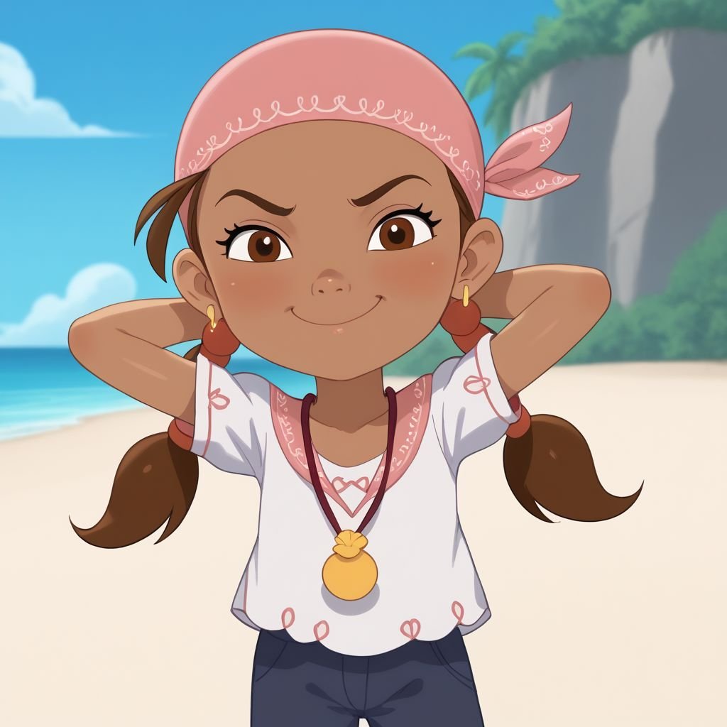 score_9, score_8, score_7, BREAK, 1girl, female child, solo,  dark skin, brown hair, brown eyes, twintails, bandana, earrings, hands behind head, smirking at viewer, beach, 