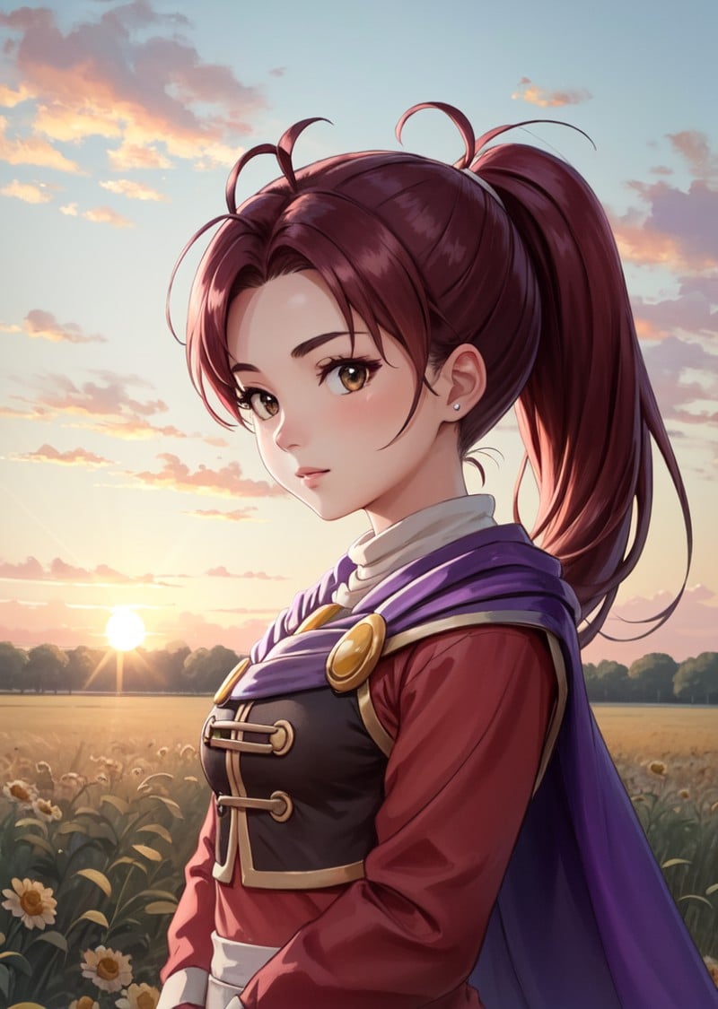 masterpiece, best quality, jenna, ponytail, purple cape, red shirt, vest, upper body, looking at viewer, field, sunset<lora:jenna-nvwls-v1-000012:0.9>