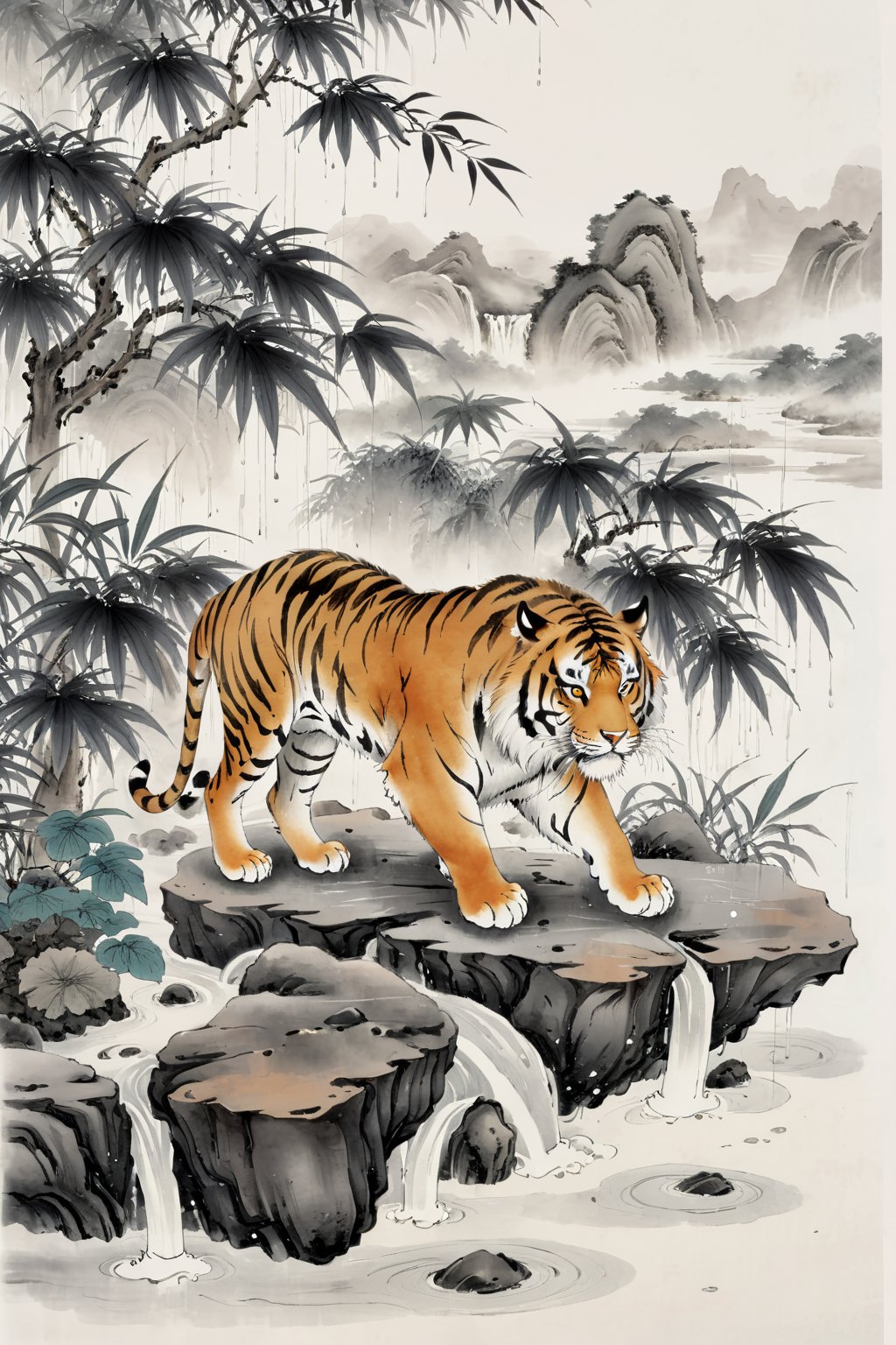 Best quality,8k,cg,falls,Rain,raindrops,Chinese ancientpaintings,traditional chinese ink painting,tiger,chinese meticulous ink,illustration,white background,centered,completed,<lora:工笔水墨:0.8>,