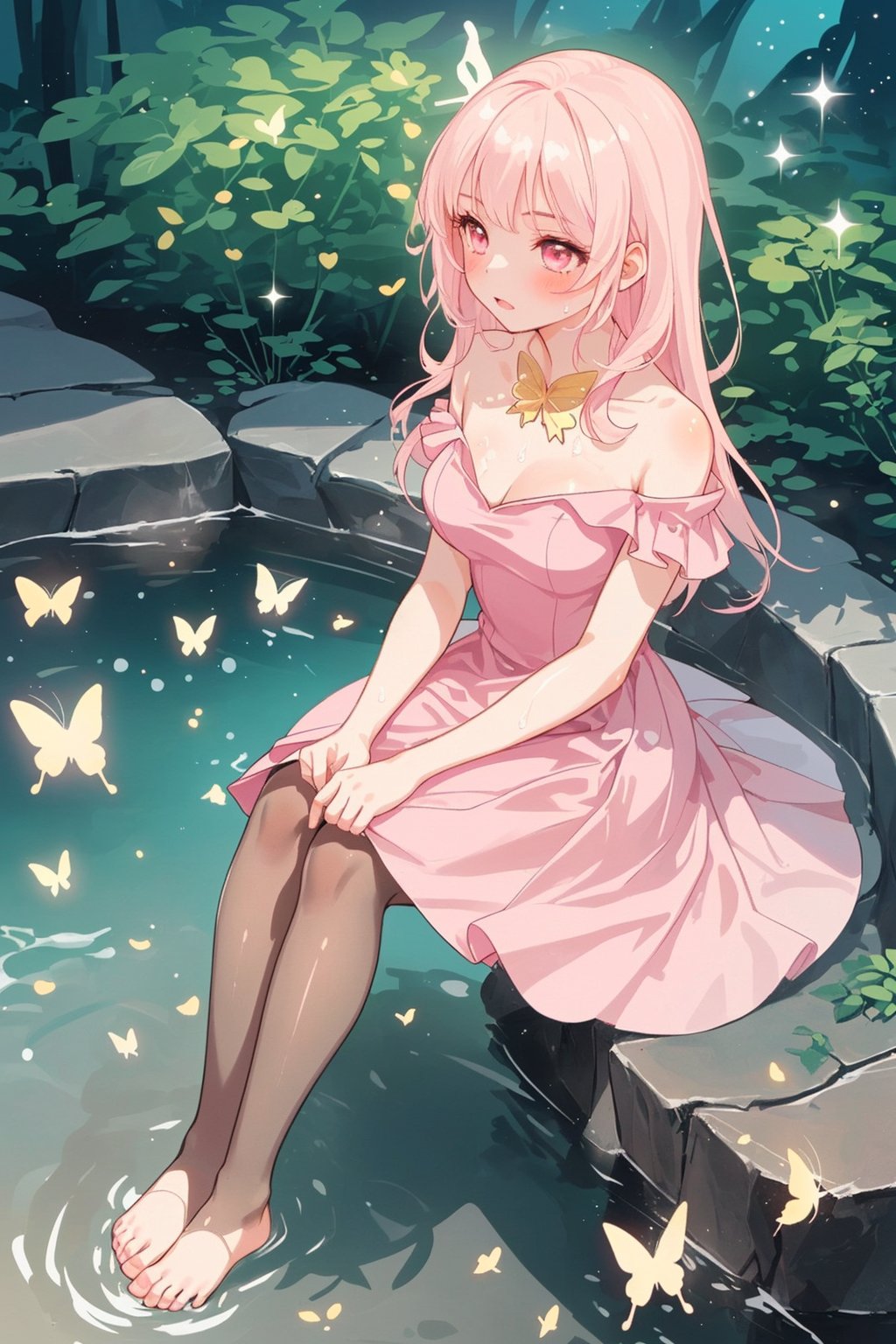 (Extremely exquisite and beautiful: 1.5), 1 girl, sitting in the water, washing feet, pantyhose, shoeless, pink dress, sparkling golden butterfly