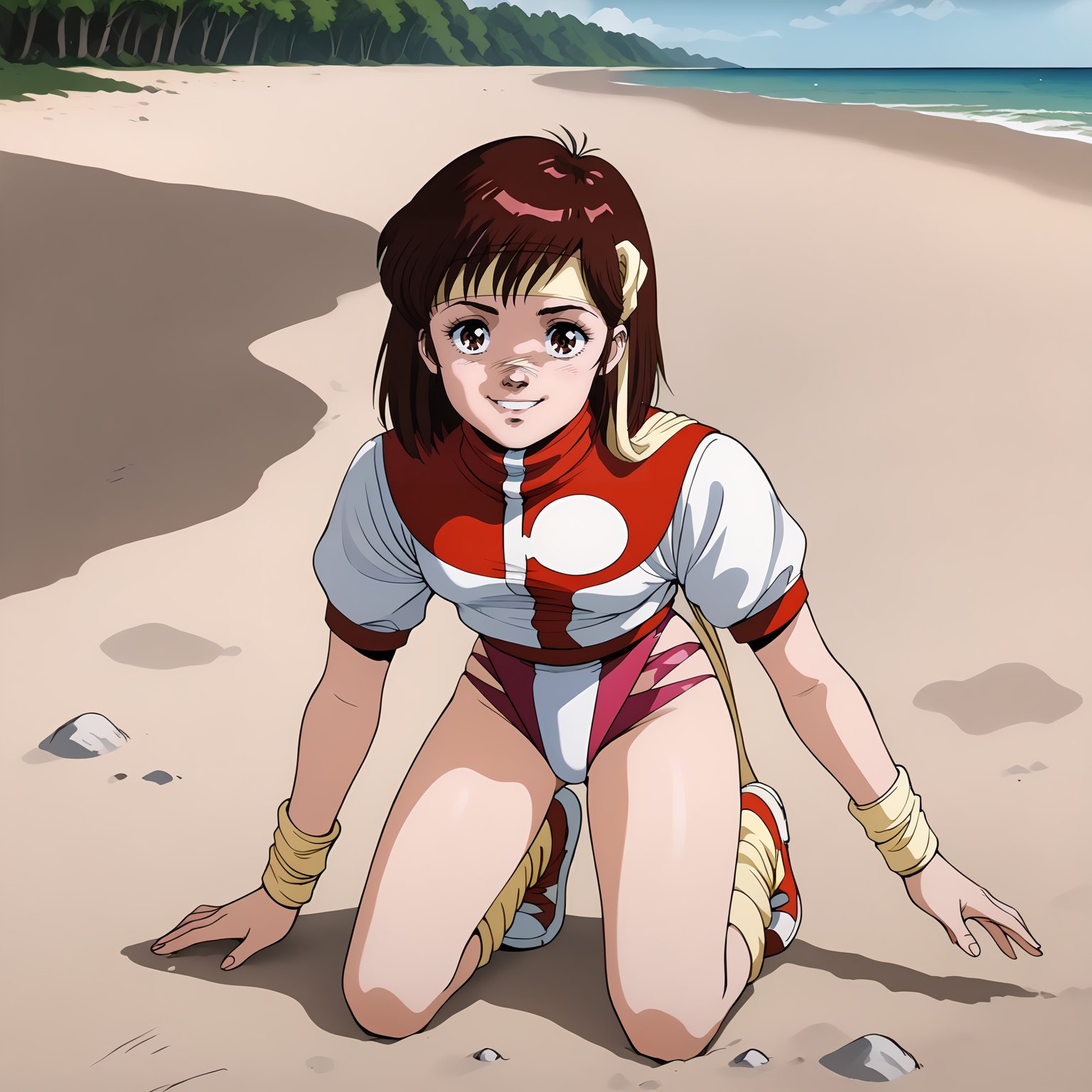 <lora:norikotakayaXLpony002>,smile,looking at viewer,solo,norikotakaya,1girl,brown hair,medium hair,brown eyes,headband,short sleeves,leotard under clothes,wristband,leg warmers,shoes,outdoors,sandy beach,full body,kneeling,leaning_forward,