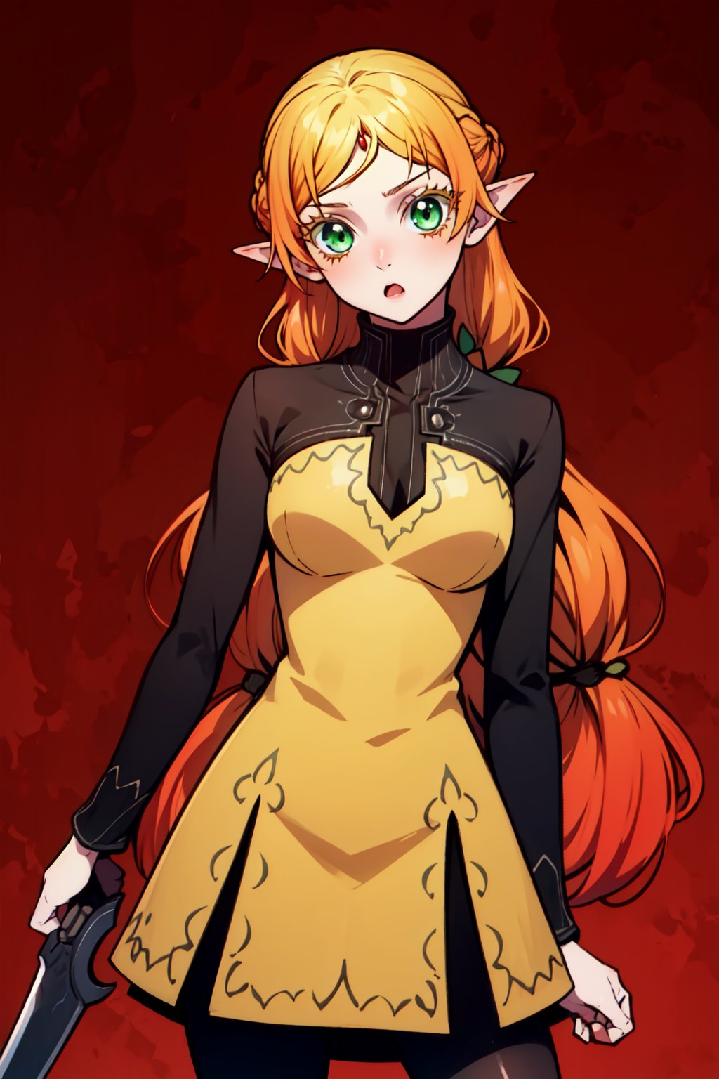 masterpiece, best quality, <lora:TsundereElfV2.2prod:0.9>, 1girl, sui, green eyes, eyelashes, yellow dress, long sleeves, black pantyhose, :o, shaded face, standing, head tilt, looking at viewer, blood, cowboy shot, holding weapon, sword, red background, <lora:eye_opening_v2.0:-1>