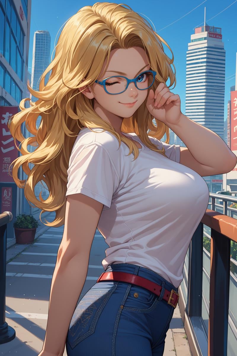 score_9, score_8_up, score_7_up, score_6_up, source_anime, 1girl, solo, <lora:cptmarvel-pdxl-nvwls-v1-000006:1> cptmvl, blonde hair, long hair, blue eyes, large breasts, white t-shirt, jeans, belt, glasses, looking at you, from side, wink, city, blue sky, smile