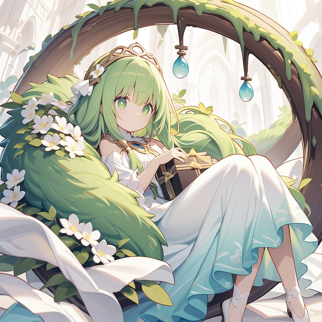 In a pure and flawless white world,  there is a mischievous and cute girl,  lying on a large green fur by Devilworld on Te...