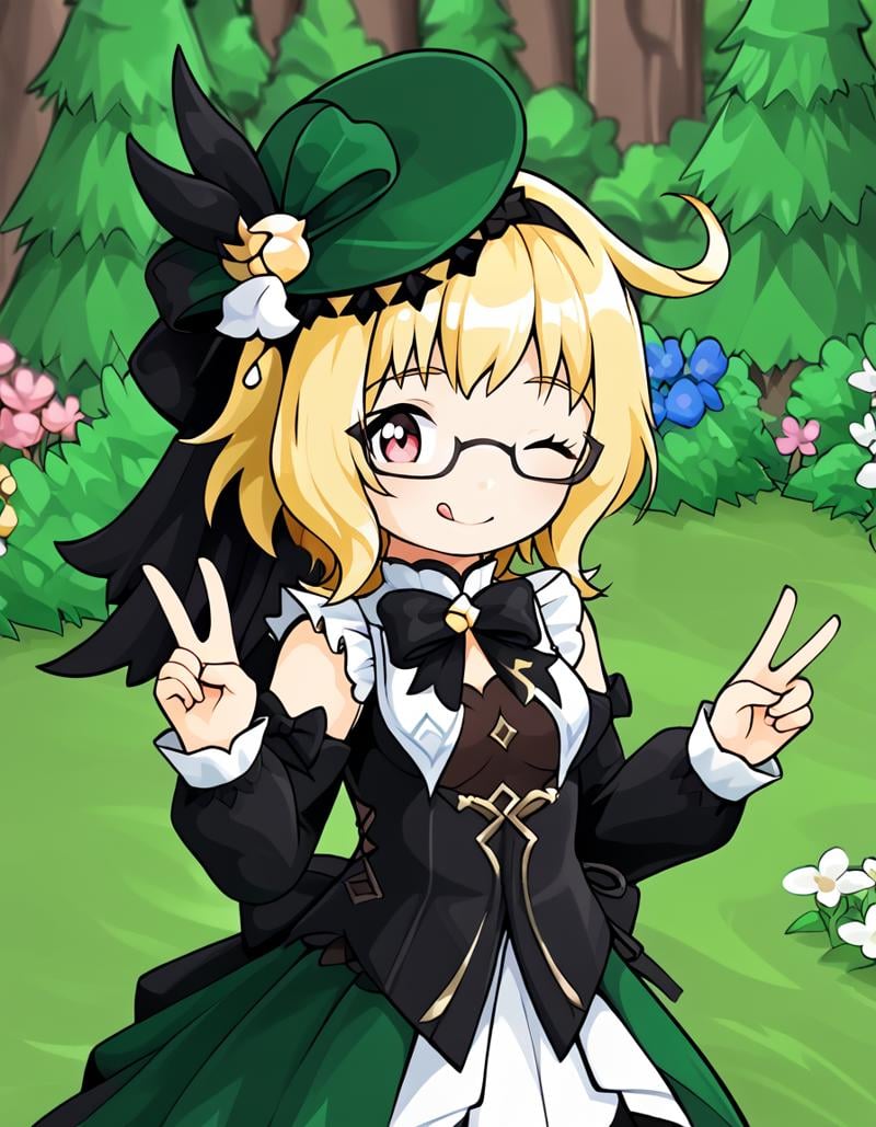 em1lie,official_costume,v, cute, smiling, happy, tongue out,one eye closed,forest background, flowers, <lora:emilie:0.7> <lora:ebfs:1>((ebfs))