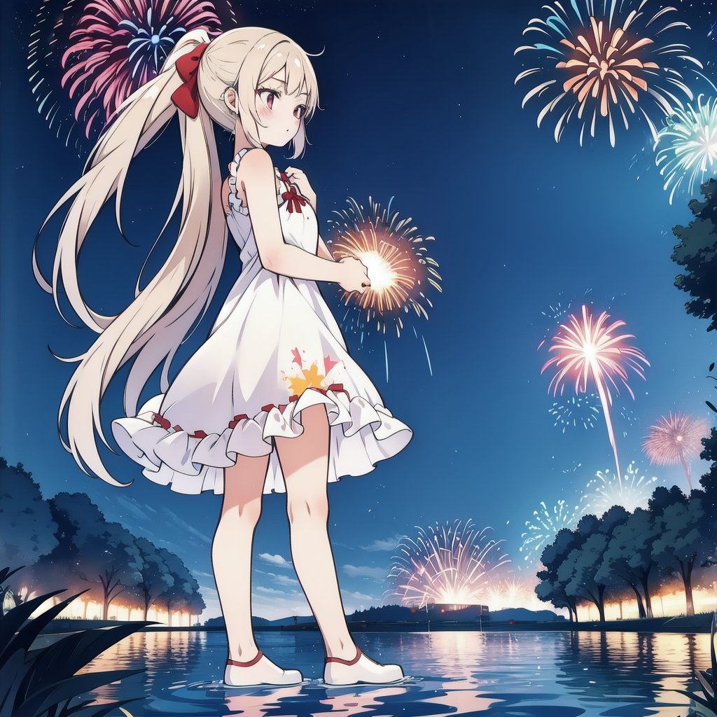 In a lake side, frilled white one-piece dress, a ash blonde hair, long ultra low ponytail, red eyes, fireworks in the background, own hands together, full body, low angle.