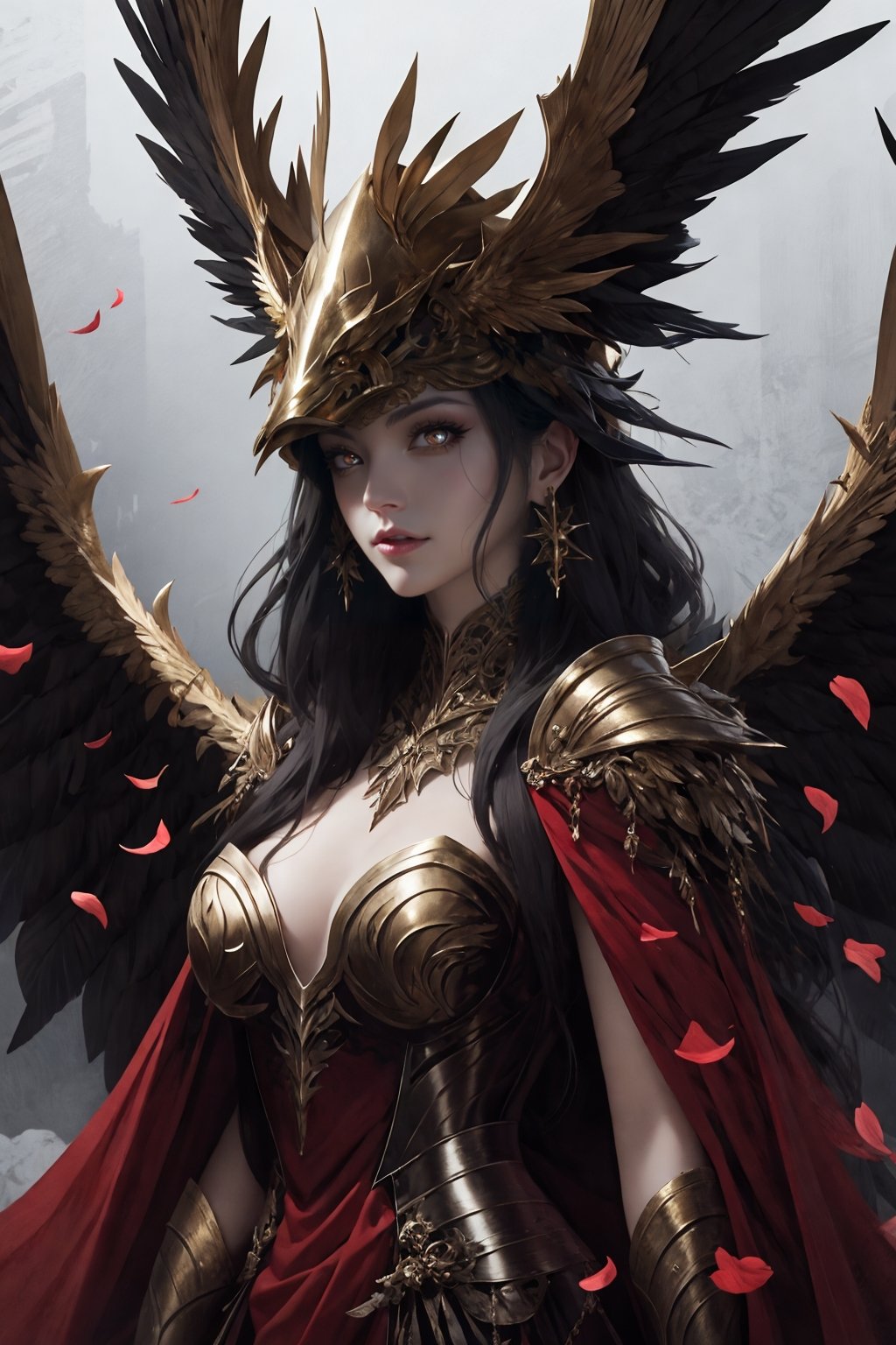 1girl，solo，jewelry，earrings，helmet，holding weapon，holding sword，Malenia in Elden Ring, dragon scale hat, in the style of epic fantasy scenes, gold and crimson,golden helmet,ritualistic masks with gold wings spread on it, mythical,Petals drift around her as her once-pristine form undergoes a graceful decay,glowing crimson eyes,in the underground cave with light shooting through the hole on the top,32k uhd,   painted by MichaelCTY(Chang Ting Yu),medieval knight armor,in the style of Dark SoulⅢ,painted by hamaya and macros,dark fantasy,majestic attire,captivating light,solarizing master,strong emotional impact,majestic figures，<lora:绪儿-女武神 winged helmet:0.8>