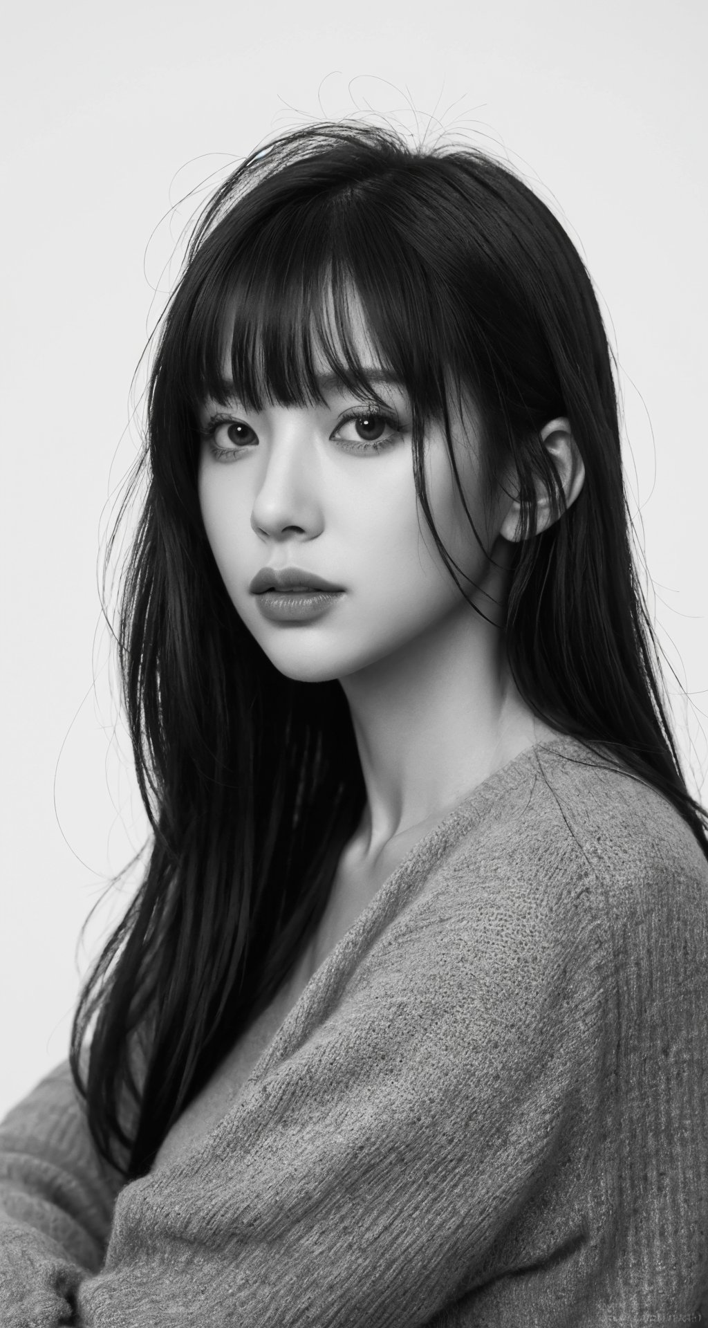 1girl,solo,greyscale,monochrome,looking at viewer,realistic,sleeves past wrists,watermark,lips,bangs,long sleeves,closed mouth,grey background,web address,long hair,upper body,sweater,simple background,nose,<lora:heibai_20231113120702:0.5>,