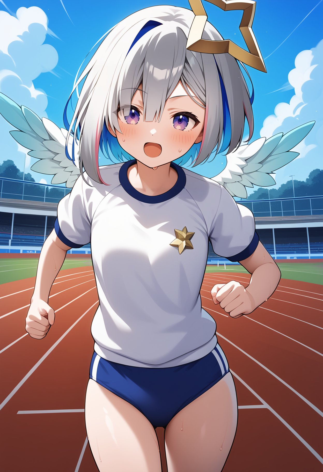 score_9, score_8_up, score_7_up, score_6_up, score_5_up, score_4_up, source_anime, aakanata, short hair, multicolored hair, grey hair, yellow halo, purple eyes, wings, <lora:amane_kanata_ponyxl_v1:0.9>, running, cowboy shot, sweat, track, outdoors, gym uniform, gym uniform, white shirt, short sleeves, buruma,