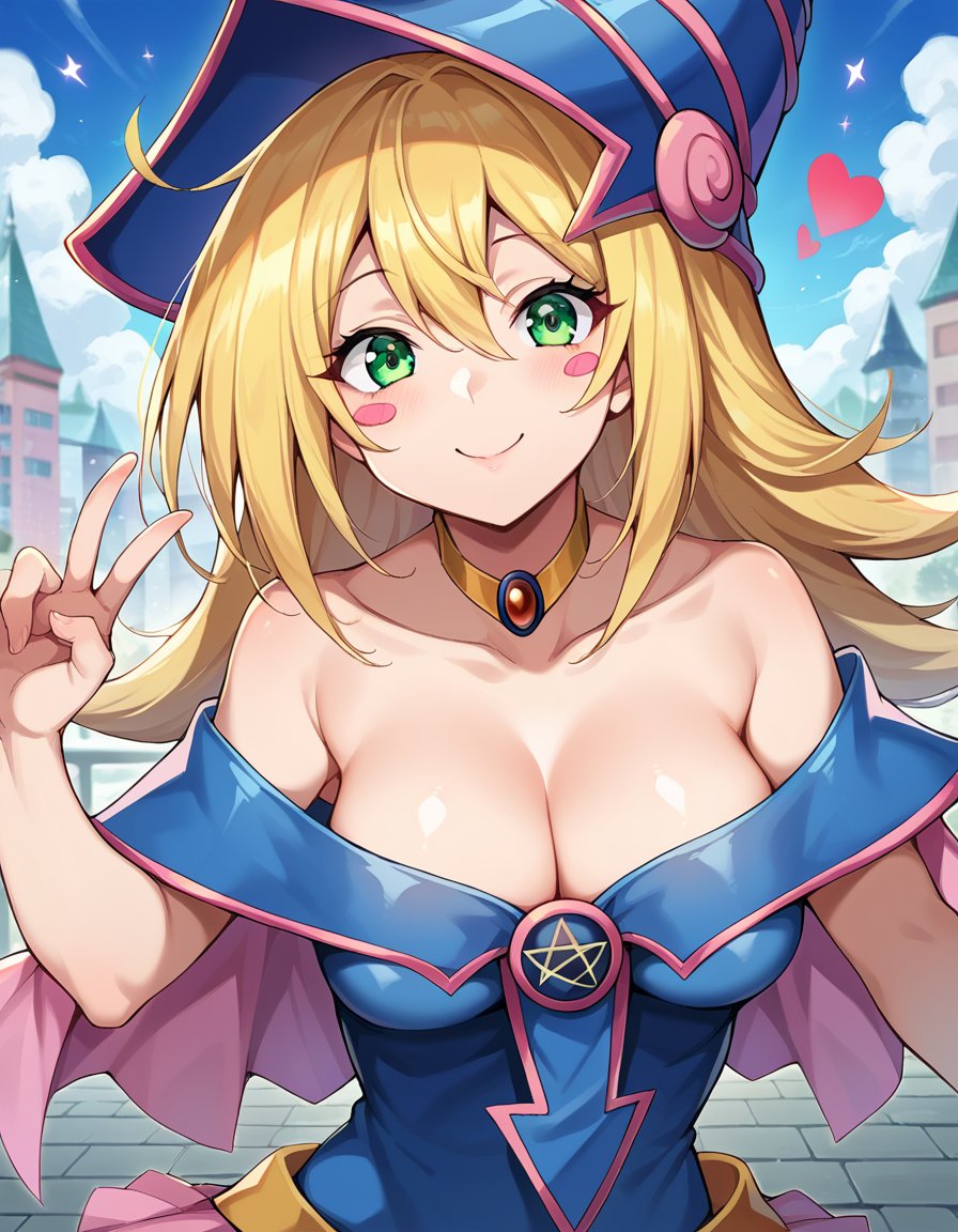 score_9, score_8_up, score_7_up, source_anime,darkmagiciangirl, <lora:dark-magician-girl-ponyxl-lora-nochekaiser:1>dark magician girl, blonde hair, choker, green eyes, long hair, blush, blush stickers, smile, mature female,bare shoulders, blue footwear, blush, blush stickers, cleavage, collarbone, duel monster, hat, off shoulder, pentacle, wizard hat,outdoors, cityscape, peace sign, heart,looking at viewer, dutch angle, cowboy shot,