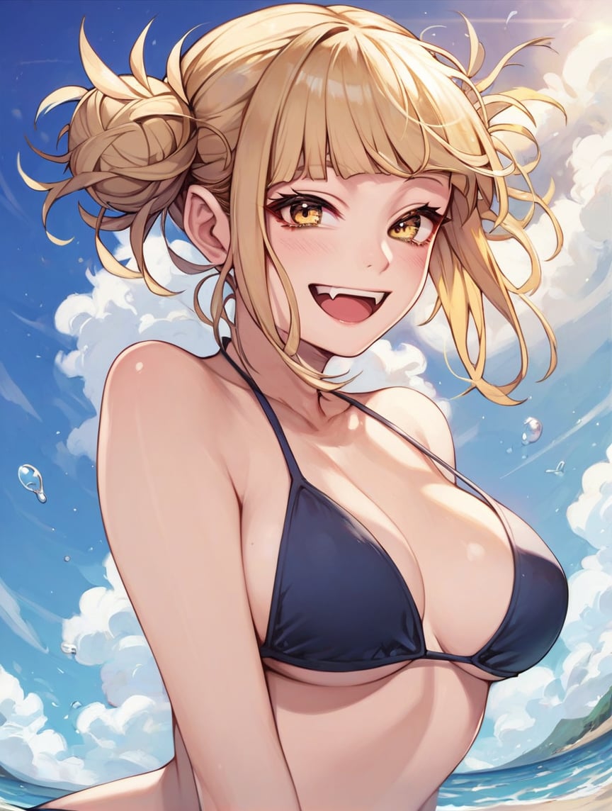 score_9, score_8_up, score_7_up, score_6_up,source_Anime, 1girl, h1m1k0t0g4, yellow eyes, blonde hair, short hair, blunt bangs, hair bun, messy hair, smile, open mouth, fang, medium breast, bikini, looking at viewer, beach,   <lora:HimikoTogaByJuninholara21:0.8>