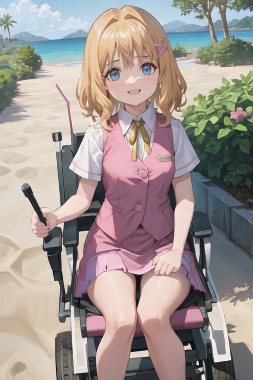 1girl, sxhelen, blonde hair, medium hair, blue eyes, pink vest, neck ribbon, pink skirt, beach, wheelchair, smile <lora:sonicx_helen:0.7>