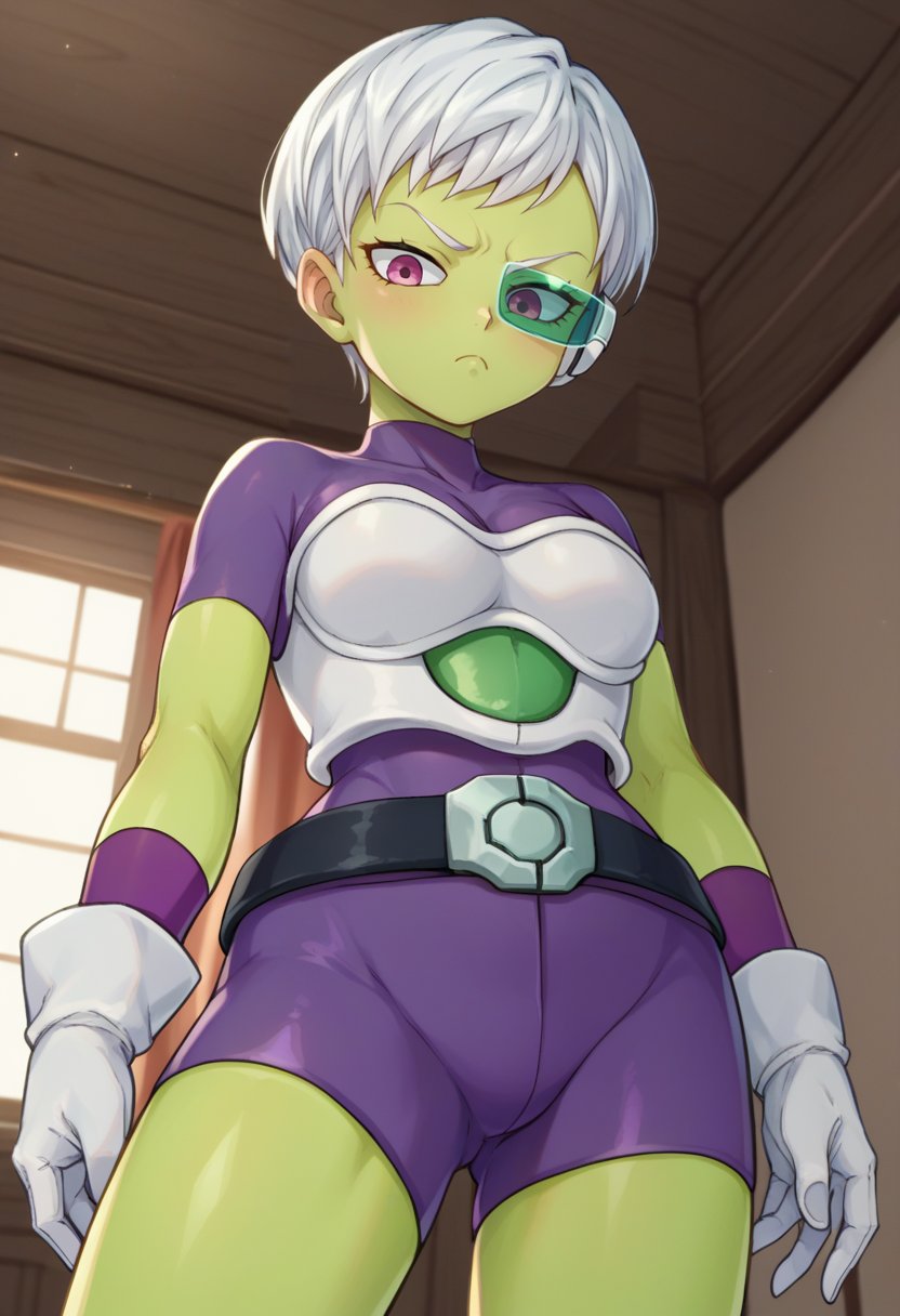 score_9,score_8_up,score_7_up BREAK <lora:cheelai:1>,cheelaiXD,1girl,short hair,gloves,white hair,belt,white gloves,pink eyes,armor,bodysuit,colored skin,frown,green skin,tinted eyewear,purple bodysuit,cowboy shot,room,room background,from below,looking at viewer,