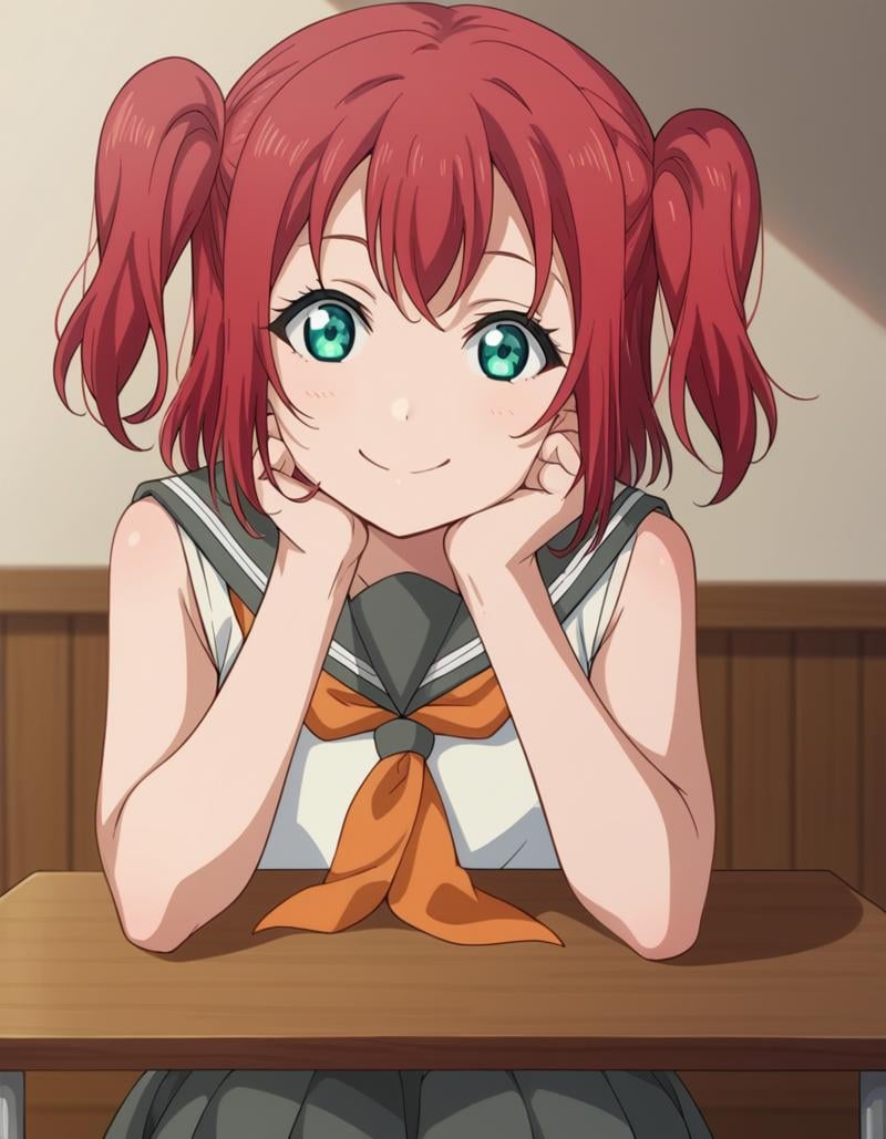 score_9, score_8_up, score_7_up, source_anime, <lora:ruby-kurosawa-s2-ponyxl-lora-nochekaiser:1>, ruby kurosawa, short hair, bangs, green eyes, red hair, aqua eyes, two side up,, shirt, school uniform, white shirt, serafuku, neckerchief, uranohoshi school uniform, orange neckerchief, sleeveless, skirt, pleated skirt, grey skirt,, indoors, smile, looking at viewer, solo, sitting, head rest, table,, cowboy shot, dutch angle