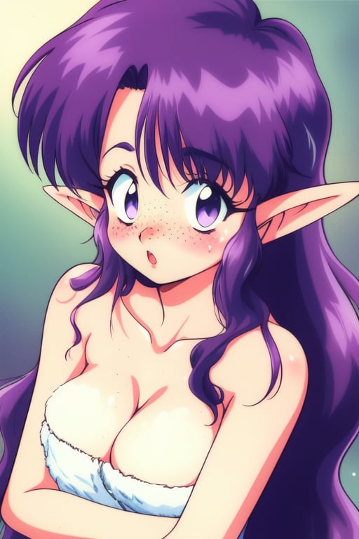 <lora:Arara_Cocoa:0.8>, AraraCocoa, 1girl, solo, pointy ears, retro artstyle, breasts, naked towel, long hair, cleavage, towel, freckles, purple hair, 1990s (style), medium breasts, upper body, bare shoulders, blush, looking at viewer, :omasterpiece, high quality, very_high_resolution, large_filesize, full color,