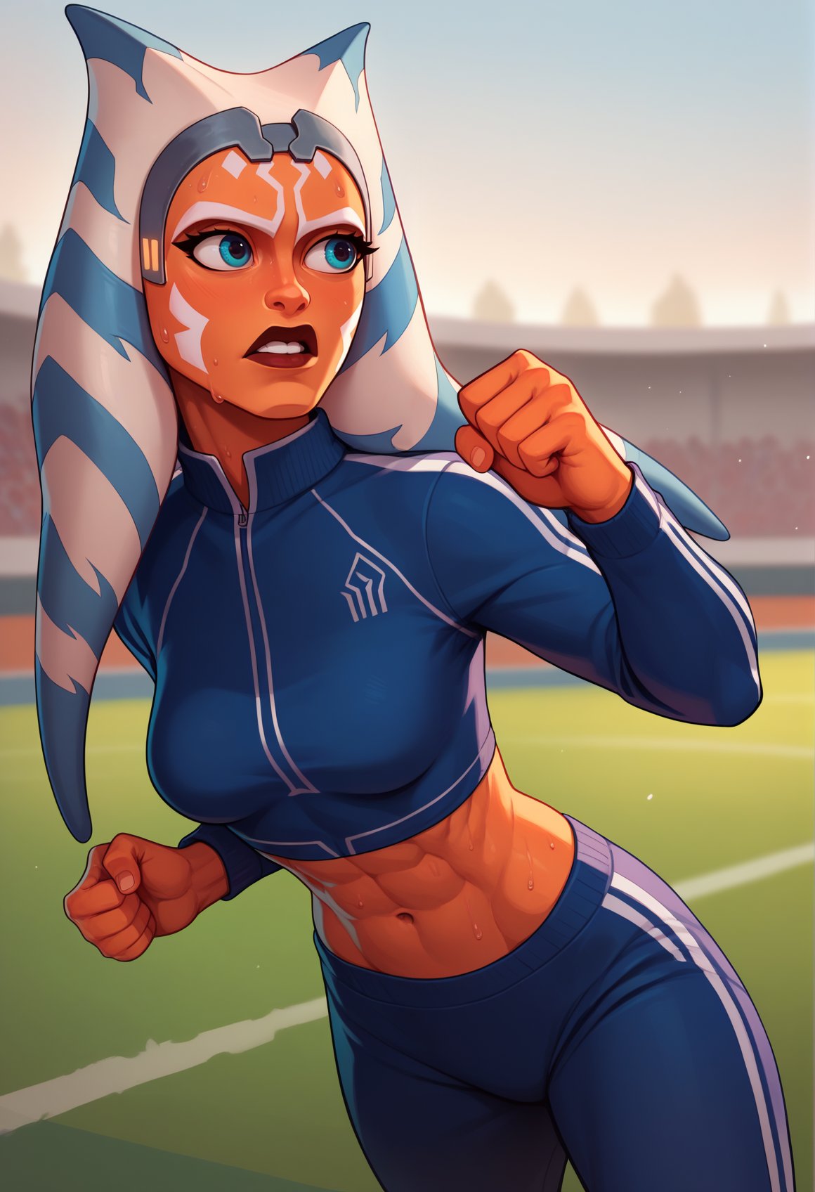 score_9, score_8_up, score_7_up, female, solo, grey headband, ahss7, medium breasts, <lora:AhsokaS7PDXL_V1-Manityro-adamw:0.8>, outdoors, soccer field, sweat, jogging, track jacket, track pants, toned