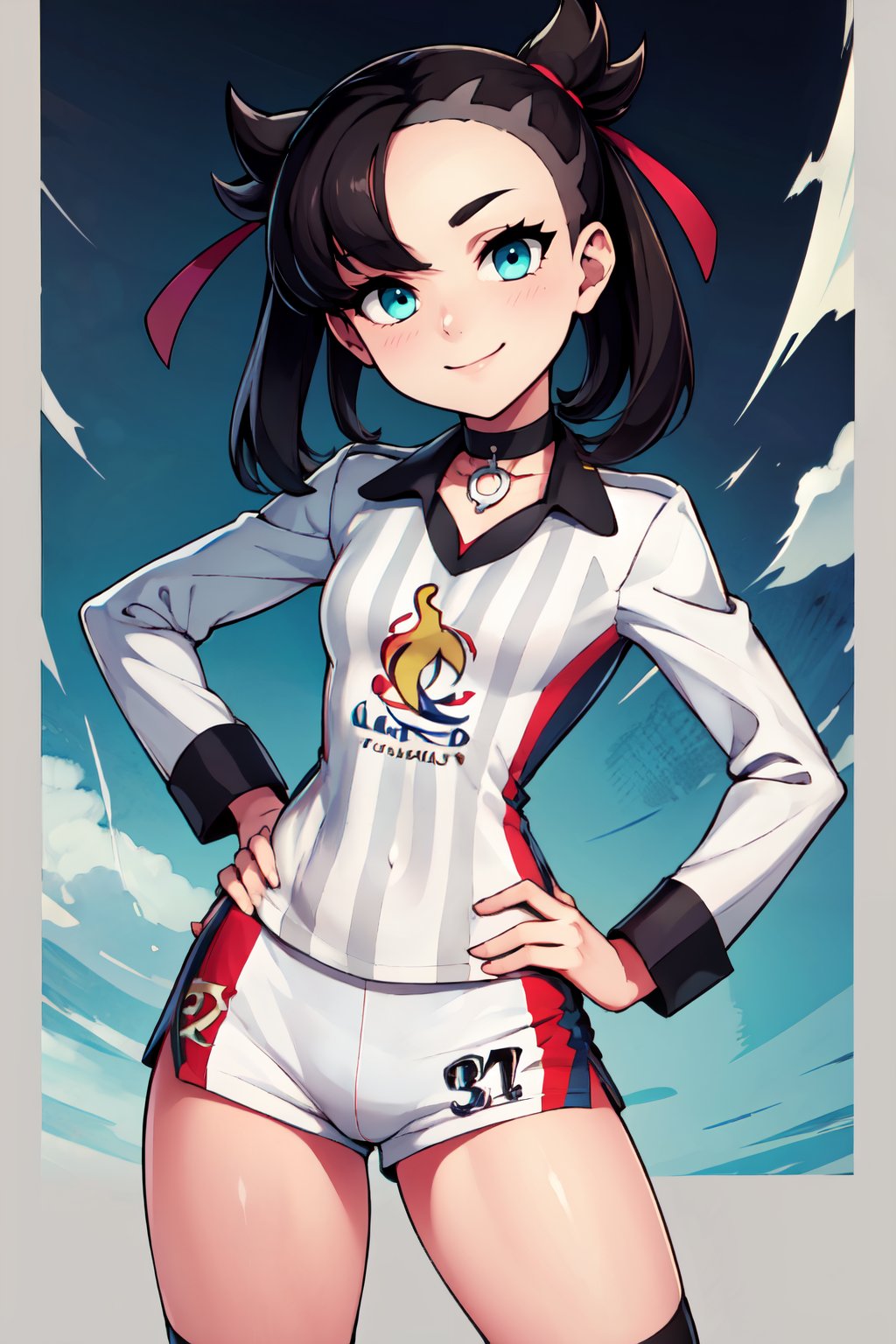 ((masterpiece,best quality)), absurdres,  BREAK, , <lora:MarnieGloriaSD_v1:0.8>,  zzMarnie, aqua eyes, black choker, red ribbon,  gloriaUniform, collared shirt, white socks, white shorts, short shorts, kneehighs, striped shirt, print shirt, vertical stripes,, BREAK, hip to the side, hand on hip, contrapposto,, BREAK, solo, smile, looking at viewer, cowboy shot,