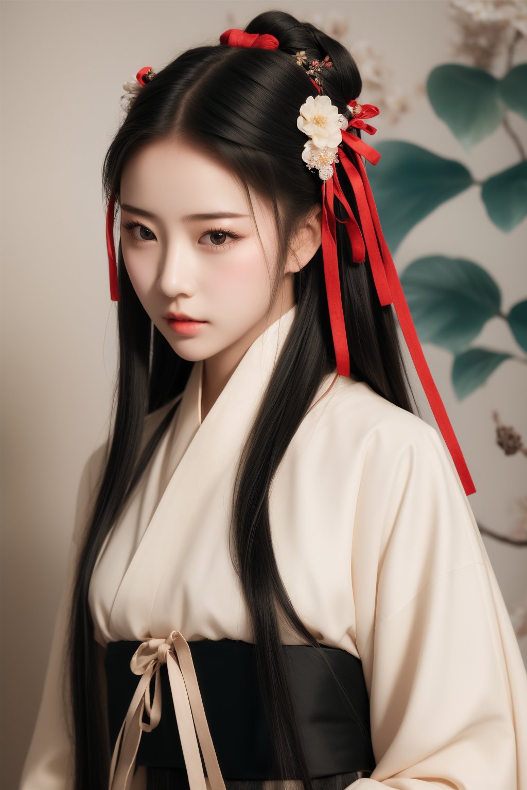 1girl,solo,long hair,black hair,hair ornament,long sleeves,ribbon,hair ribbon,upper body,flower,hair rings,realistic,hanfu,<lora:lbc_nian_2gainian_cs:0.9>,