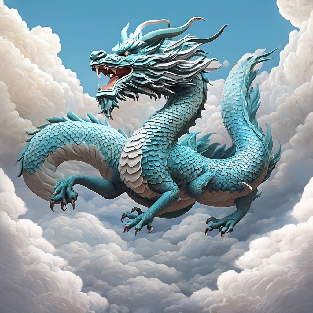 gufengstyle,masterpiece, Chinese dragon, Lovely, In the middle of the picture, Mid-range, Outdoor, Light blue sky, Clouds, ride on a cloud, Furry, Twelve signs of the Chinese zodiac, textured skin, super detail, best quality<lora:gufengstyleSDXL-000016:1>