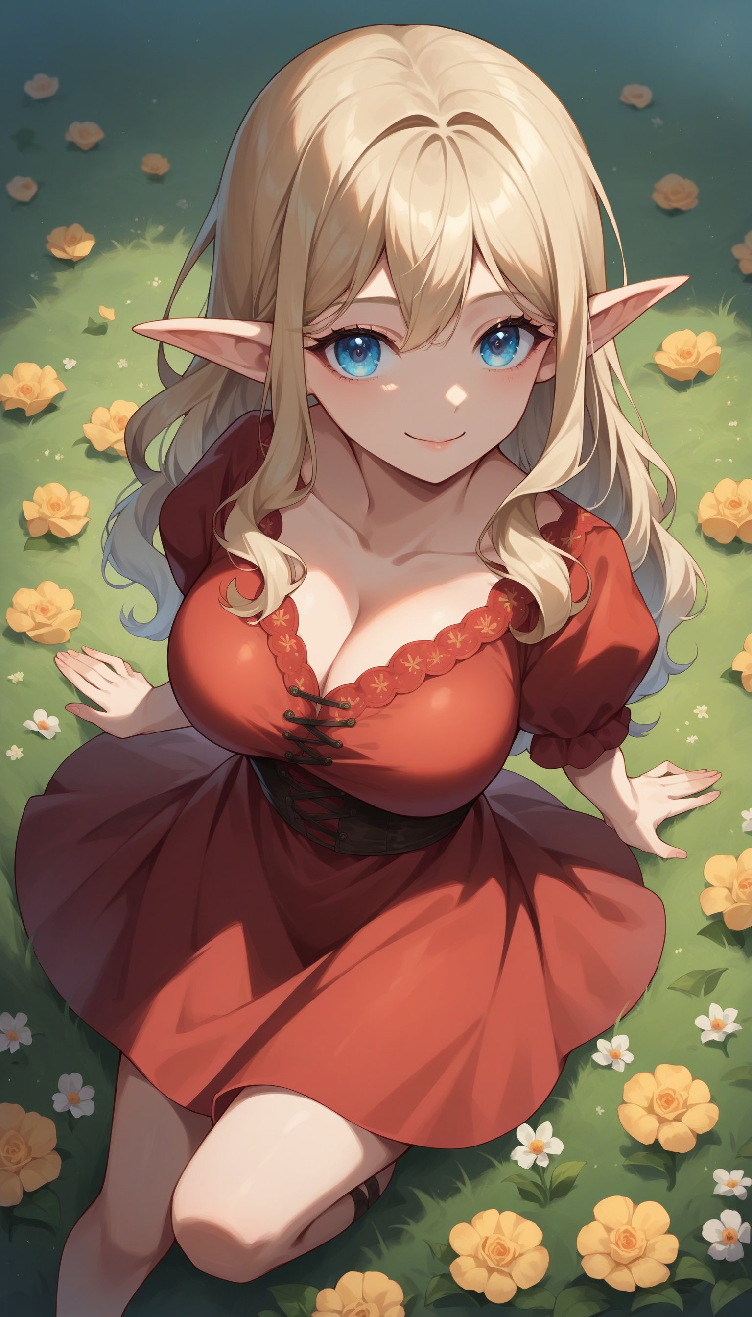 score_9, score_8_up, score_7_up, source_anime, elf, blue eyes, flower meadow, black and red dress, from above, smile, fisheye lens, rating_safe, large breasts