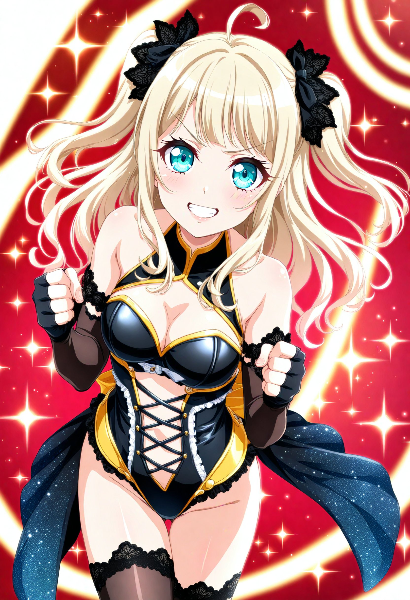 1girl, wakamiya eve, bang dream!,  cleavage, clothing cutout, ass visible through thighs, leotard, white background, ahoge, red background, looking at viewer, two side up, fingerless gloves, black gloves, long hair, parted lips, blunt bangs, cleavage cutout, yellow headband, smile, sleeveless, cowboy shot, headband, blonde hair, black thighhighs, gloves, medium breasts, blue eyes, eyelashes, breasts, solo, black leotard, clenched hands, elbow gloves, v-shaped eyebrows, bare shoulders, thigh gap, teeth, thighhighs, masterpiece, best quality, newest, absurdres, sensitive