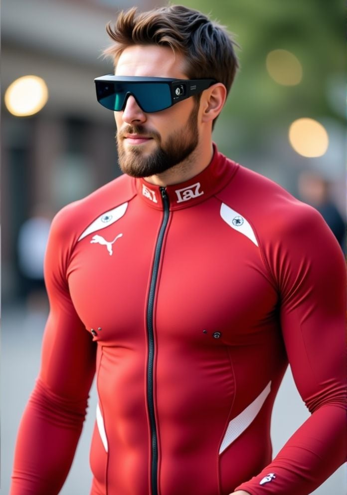 Shaun Hampson ,  Hi-res photo. He wears futuristic electronic glasses. He is wearing a light red,  close fitting flight su...