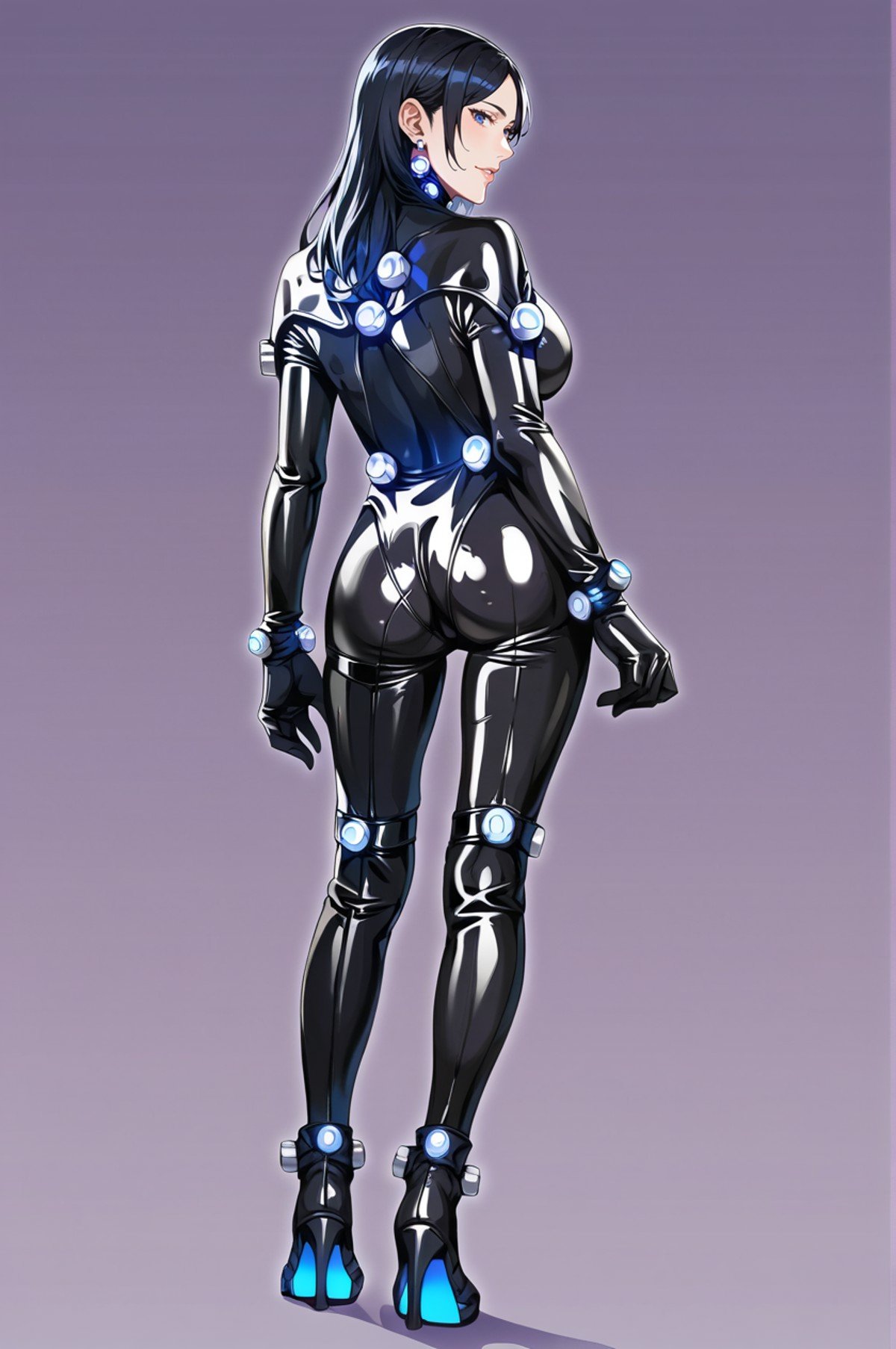 score_9,score_8_up,score_7_up BREAK purple background,1girl,solo,from behind,standing,full body,blue eyes,black hair,<lora:lemon0012-Gantz Lightening_pony_v1:0.9>,lemon0012,glowing,bodysuit,latex,gloves,koyama \(gantz0409jp\),high heels,