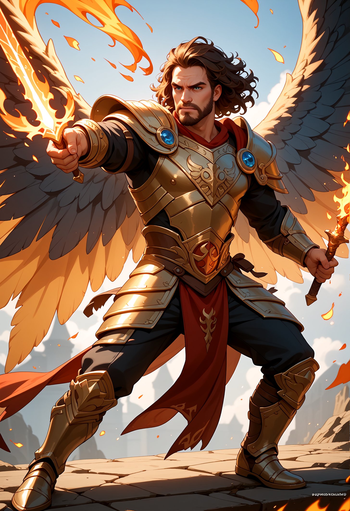 score_9, score_8_up, score_7_up, a human male paladin holding a flaming sword, muscular, shaggy hair, scruffy beard, ornate armor, wings, fantasy, intricate, elegant, highly detailed, anger, cinematic, dynamic pose