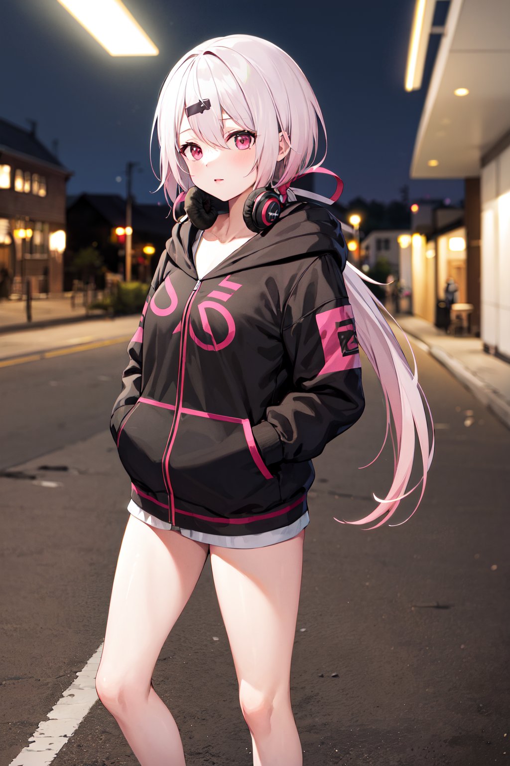 masterpiece, best quality, highres, ccyuika, very long hair, gradient hair, pink hair, white hair, low ponytail, hair ribbon, hairclip, headphones around neck, hood, black hoodie, long sleeves, bare legs, <lora:shiina_yuika_v1:0.7>, street, standing, hands in pocket, night