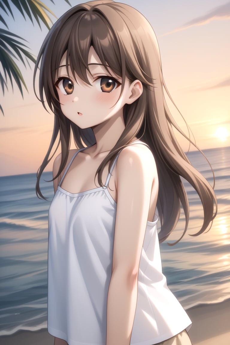 Highly detailed, High Quality, masterpiece, beautiful, BREAK 1boy, solo, male focus, 16 years old, 1boy, Yuu, long hair, collarbone, brown eyes, Brown hair, male chest,BREAK beach, palm trees, sea, outdoors, sunset,BREAK camisole, white camisole, bare shoulders, BREAK side view, Focus waist, standing<lora:EMS-332415-EMS:0.600000>, <lora:EMS-438743-EMS:0.800000>