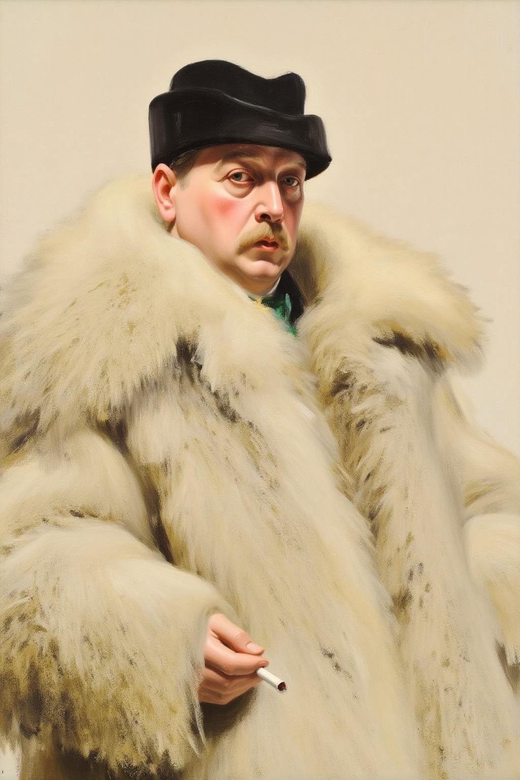 anderszorn1 painting. An elderly man with a mustache glances toward the viewer. He is wearing a black fur hat and a thick,...
